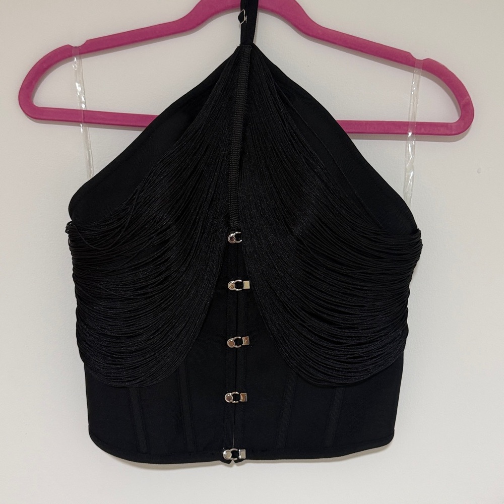 Fashion Nova Black Fringe Halter Corset Bustier